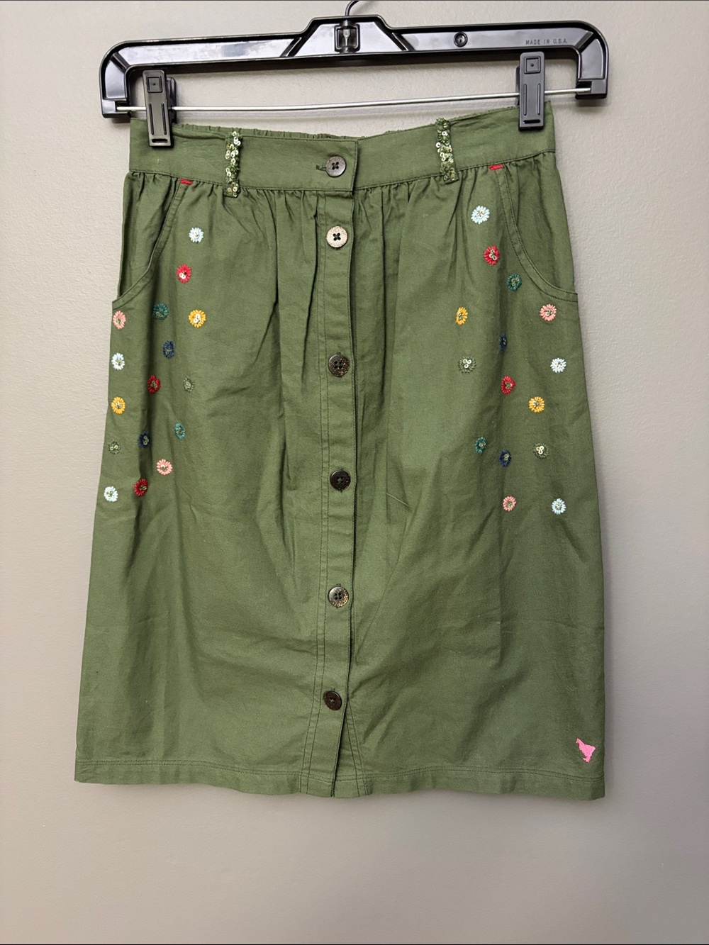 Pink Chicken Embroidered Olive Button-Front Girls Skirt - Size 8Y